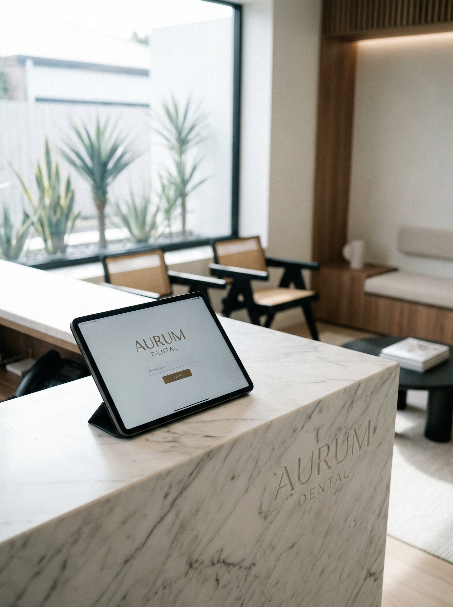 Tablet with AI patient intake software on a white marble reception desk in a dental clinic