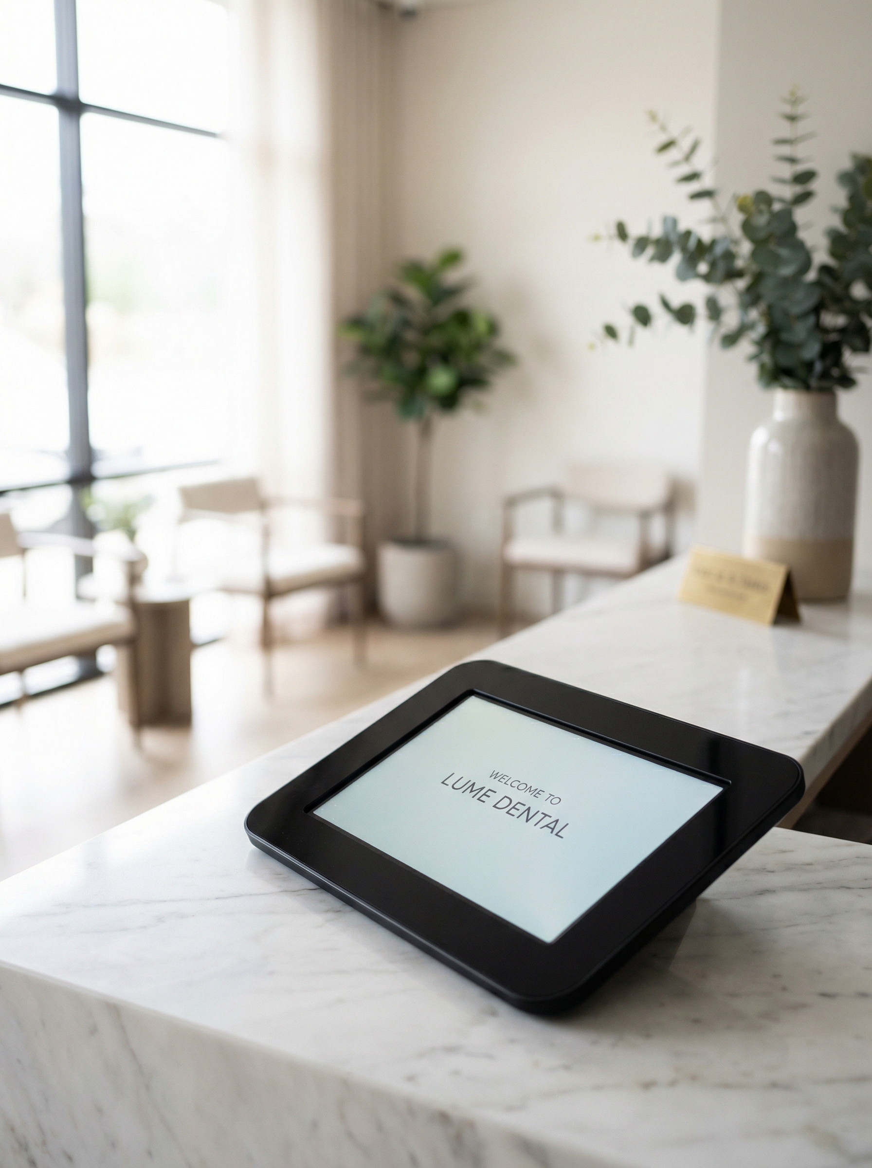 Tablet displaying AI booking system on a marble counter in a luxury hair salon